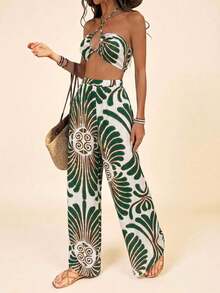 Conjunto de 2 piezas para mujer con top corto de cuello halter estampado tejido y pantalones de pierna ancha de cintura alta - Verde - Ver 3