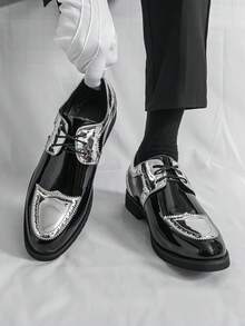 Men's Formal Shoes, Color Block Lace-Up Leather Shoes, British Style Patent Leather Patchwork, Non-Slip Thick Sole, Suitable For Saturday Banquet, Wedding, Groom Wedding Ceremony - Multicolor - View 1