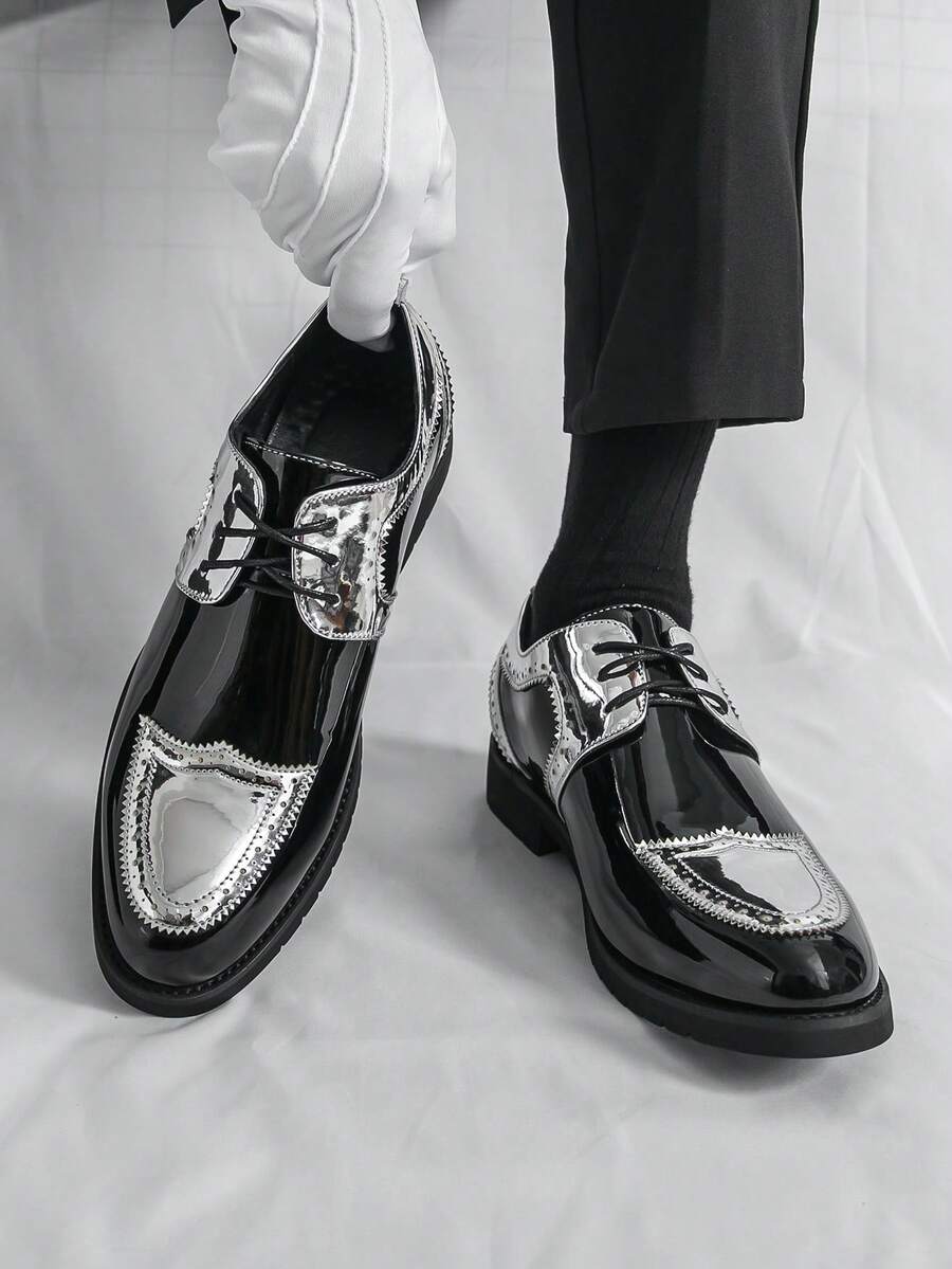 Men's Formal Shoes, Color Block Lace-Up Leather Shoes, British Style Patent Leather Patchwork, Non-Slip Thick Sole, Suitable For Saturday Banquet, Wedding, Groom Wedding Ceremony - Multicolor - View 1