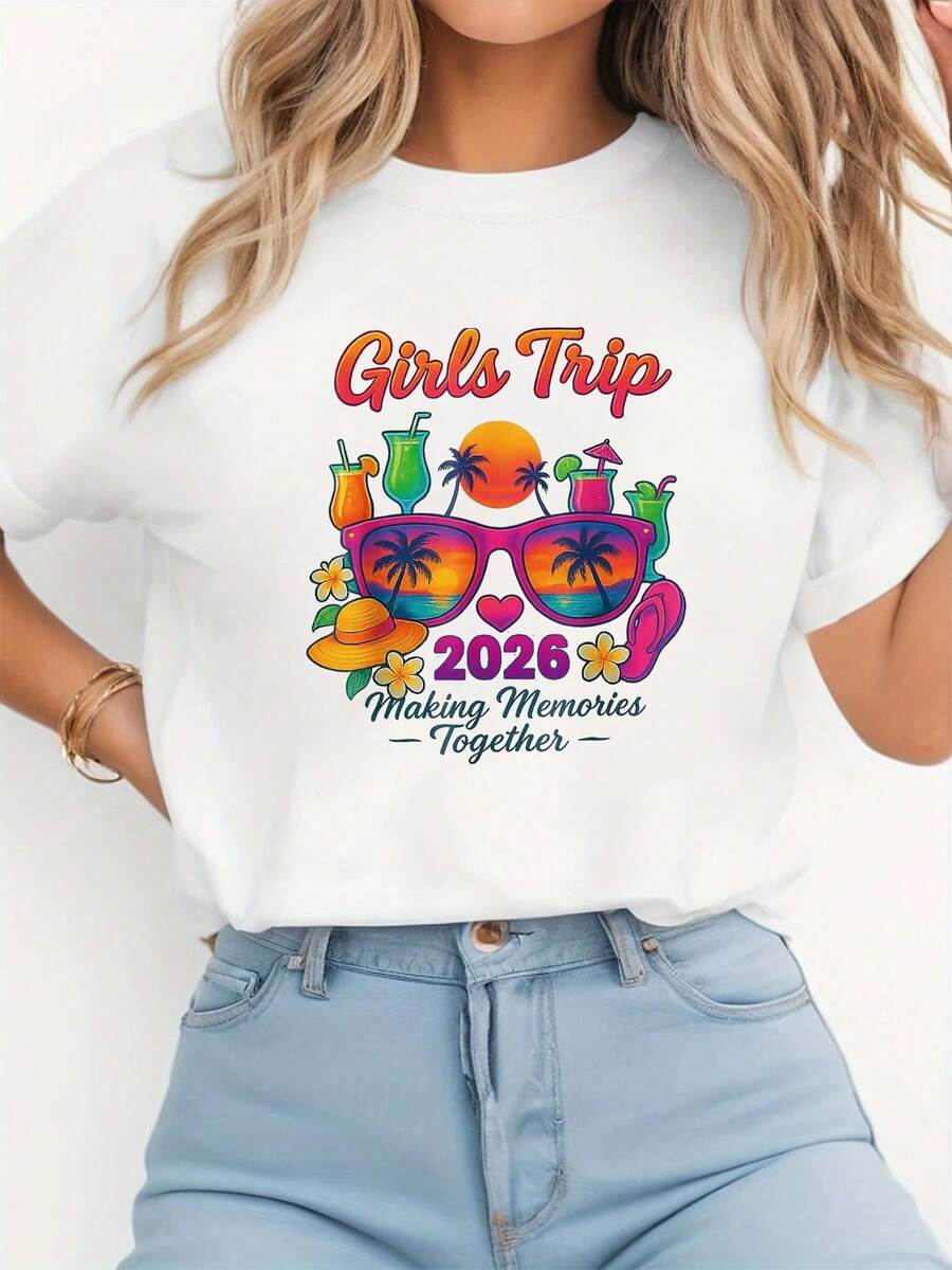 Camiseta con estampado gráfico "Trip 2026 Making Memories Together"| Top casual de manga corta y cuello redondo para primavera/verano, ropa de mujer - [Blanco] - Ver 1