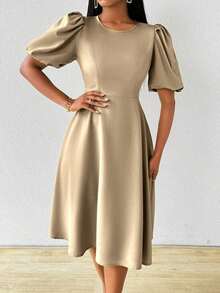 Vestido verde de manga abullonada larga, cuello en V, cintura recogida y bajo acampanado, para primavera y verano - Albaricoque - Ver 6