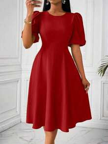 Vestido verde de manga abullonada larga, cuello en V, cintura recogida y bajo acampanado, para primavera y verano - Rojo - Ver 3