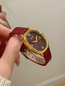 1 pieza Reloj de cuarzo para mujer con correa ajustable estilo retro, elíptico con escala de números romanos, compacto y perfecto para uso diario - Rojo - Ver 8