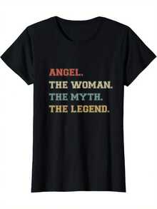 Camiseta Gráfica para Mujer con la Frase Angel Woman Myth Legend - Camiseta Divertida con Frases Motivacionales y Letras Rojas/Amarillas/Doradas, Ligera y para Uso Diario, Camiseta Casual con Estampado Digital Duradero para Conjuntos Deportivos, Ropa, Estilo y Comodidad, Ajuste Cómodo, Camiseta de Manga Corta, Camisetas para Mujeres Entusiastas del Gimnasio. - Negro - Ver 5