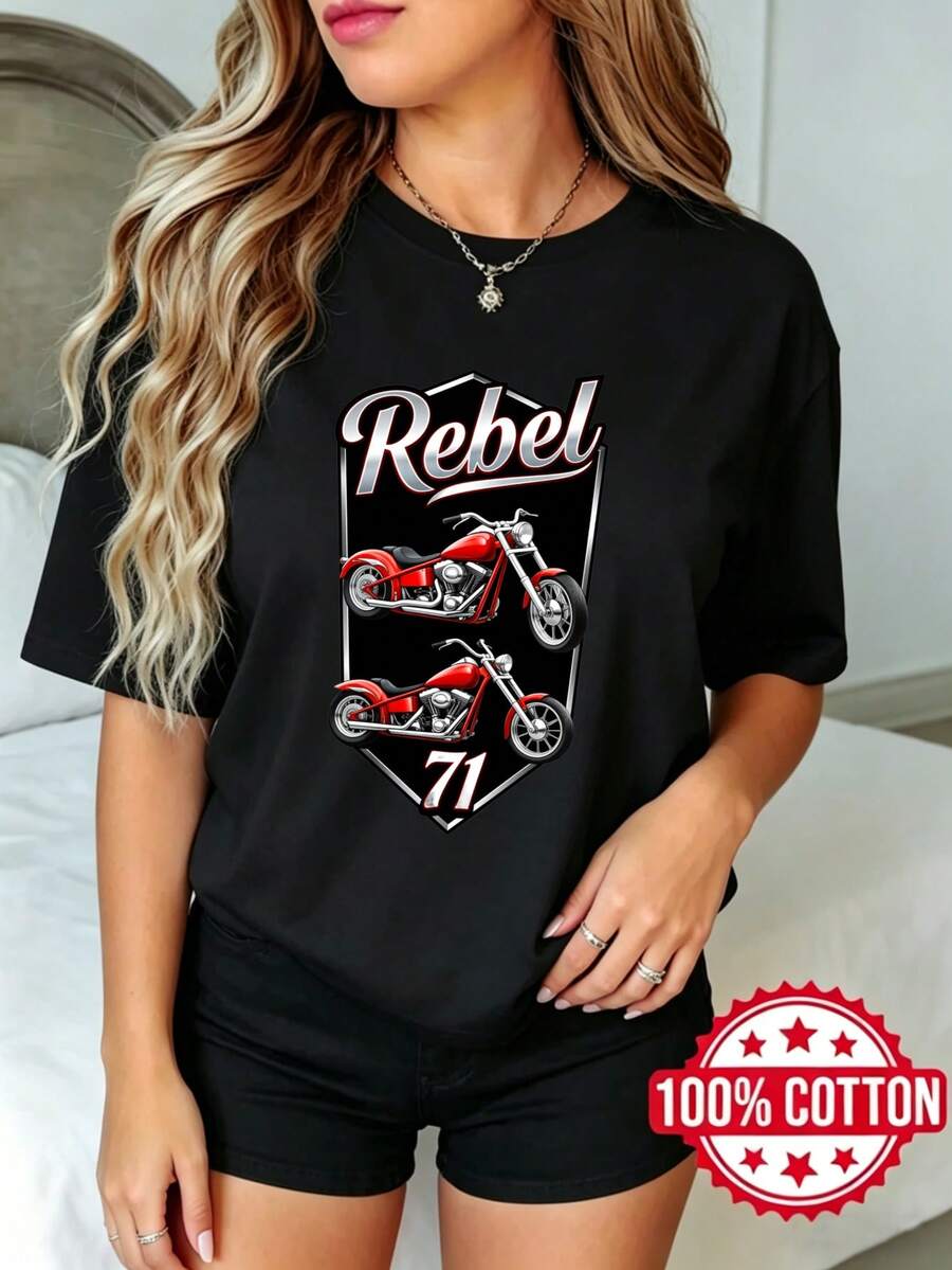 Camiseta negra de manga corta con cuello redondo y estampado para mujer de verano casual Diseño e Impresión de cicleta Rebel 71 S-3XL moda 100% aodón