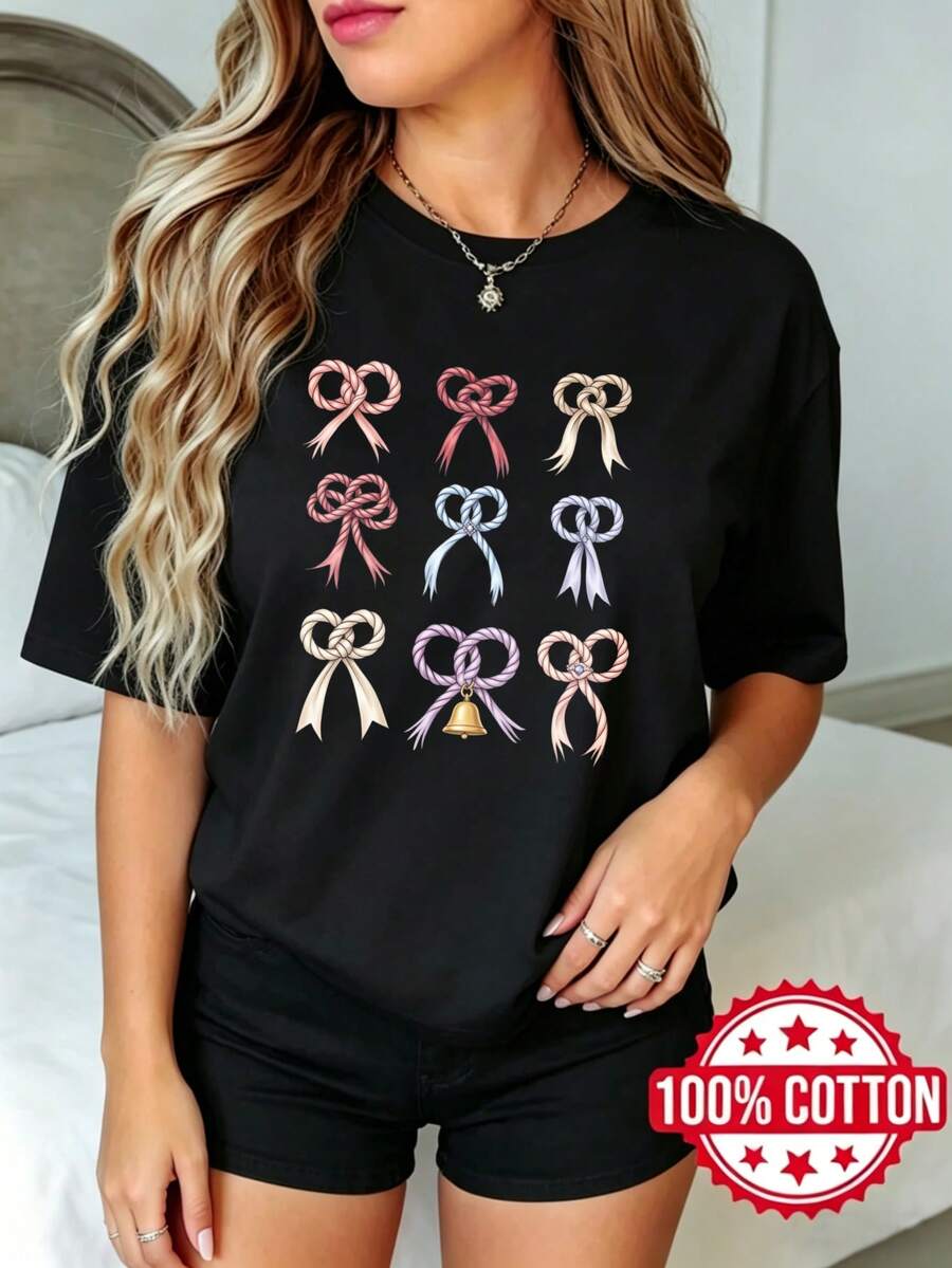 Camiseta negra de manga corta, cuello redondo y estampado para dama en verano Lazos de cinta coloridos con campana S-3XL moda 100% aodón material