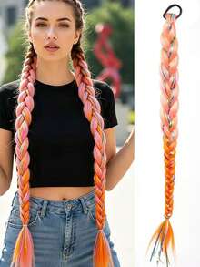 22 Inch Color Rope Gradient Braided Ponytail, Wig Synthetic Ponytail, Metal Wire Spliced Ponytail, Suitable For Wearing During Graduation Season, Student Parties, And Various Events Elastic Hair Ties Scrunchie - Multicolor - View 9