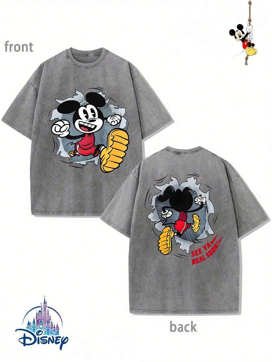 Men's Disney Washed Breakthrough Mickey Tee, Street Style Print, Loose Fit, Premium Cotton. - Grey - View 1