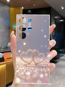 1件裝 Lucky Double Heart 高級星空透明軟手機殼 保護套，適用於 Galaxy A04e/12/A13/A14/A34/A50/A52/A53/A54/S21/S22/S23/S24/S25/S25Ultra，此圖案為平面印刷，非莫桑鑽 - 無色 - 查看 5