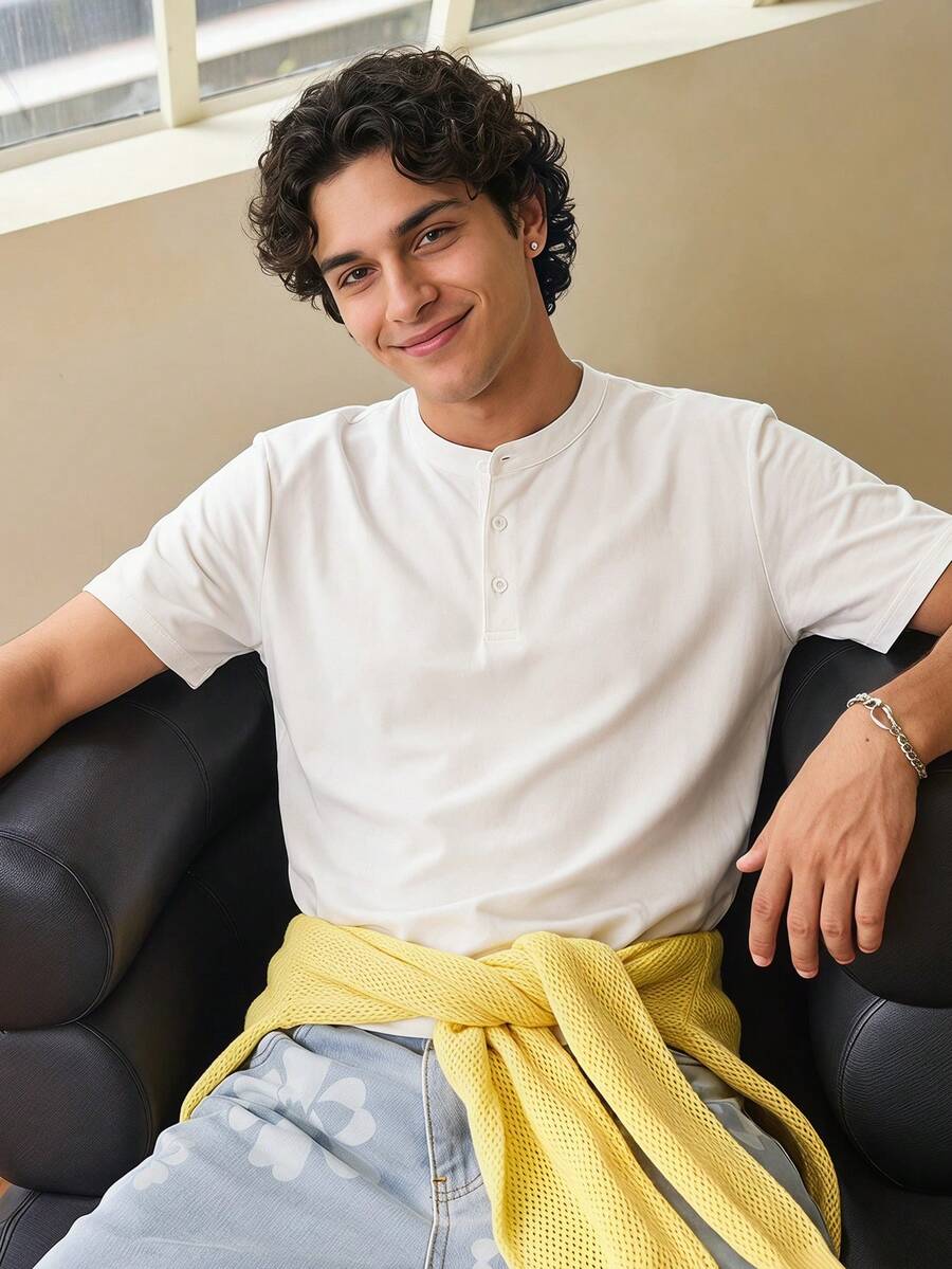 ALTZTAR Men's Casual Versatile Solid Color Henley Neck Short Sleeve T-Shirt , Retro American, Unisex, Relaxed Fit Summer Outfits – Suitable For Everyday Wear And Summer Holiday Outfits. - White - View 1