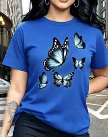 Solt Camiseta casual de mujer con motivo de mariposa - estilo casual deportivo, camiseta de manga corta con cuello redondo, cómoda y transpirable, a la moda, fácil de combinar, suave al tacto, diseño estampado, estampado digital creativo de primavera y verano - Camiseta unisex de algodón holgada de manga corta y cuello redondo estilo vintage urbano.gráfico - Azul - Ver 9