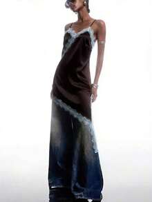 2026 Nuevo vestido minimalista de primavera/verano para mujer, vestido corto de tirantes finos con bajo asimétrico de encaje de contraste de unicolor, azul marino - Café integral - Ver 5