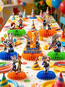 Disney Bộ trang trí trung tâm tổ ong chủ đề Judy và Nick, trang trí bàn làm việc rực rỡ phù hợp cho các bữa tiệc thẩm mỹ và chụp ảnh, được thiết kế nhấn mạnh vào màu sắc sống động và thẩm mỹ tươi vui. Thiết kế độc đáo với các họa tiết in đậm, bắt mắt của Judy, Nick và các nhân vật khác, kết hợp với đế tổ ong sáng màu sẽ nổi bật trong bất kỳ bối cảnh bàn nào. - Đồ trang trí - Xem 10