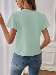 Camisa de mujer de unicolor con escote en V entallado y manga corta, informal y adecuada para el trabajo, blusas de manga corta - verde menta - Ver 2
