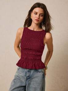 Camiseta de mujer informal de cuello redondo con pliegues de color liso y versátil - Burdeos - Ver 4
