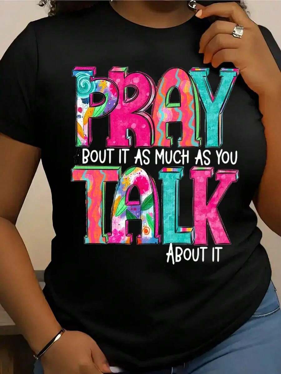 Women's Casual Cotton T-Shirt "Say More, Do Less" With A Soft Christian-Style Floral Print, Short Sleeves, 100% Pure Cotton, Comfortable Colors. Short-Sleeve Crew Neck Design, New Women's Fitted T-Shirt With A Round Neck, Spring/Summer Style, Couple Style, Perfect For Matching Outfits. - 黑色 - 查看 1