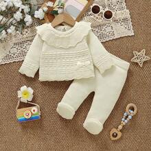 Infant Knit Set, Baby Girl Korean Style Cream White Large Collar Ruffle Knit Long Sleeve Pullover Sweater, Footed Leggings Versatile Outfit For Baby Girls - Beige - View 1