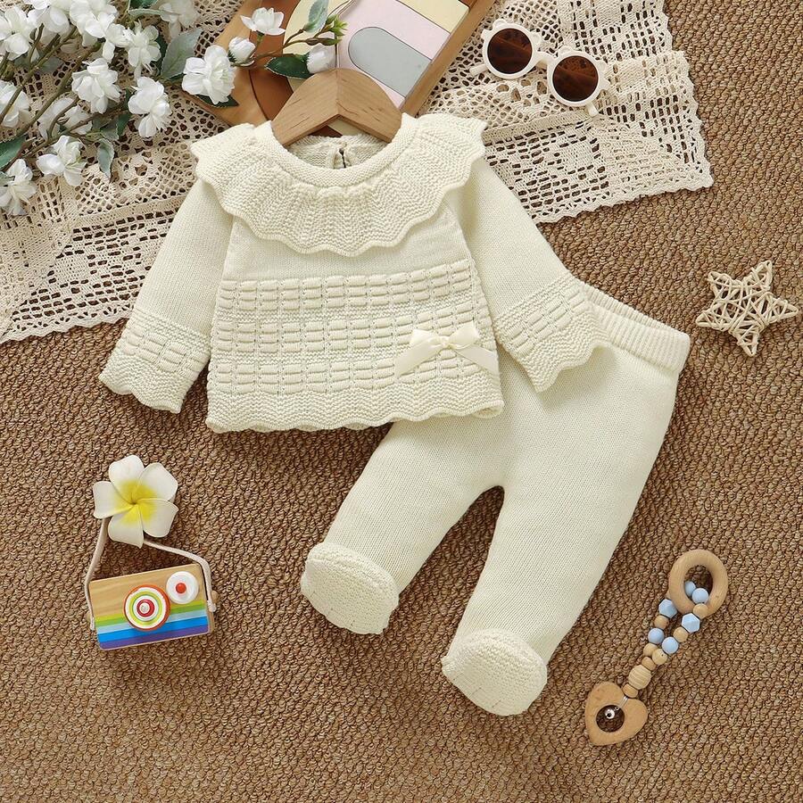 Infant Knit Set, Baby Girl Korean Style Cream White Large Collar Ruffle Knit Long Sleeve Pullover Sweater, Footed Leggings Versatile Outfit For Baby Girls - Beige - View 1
