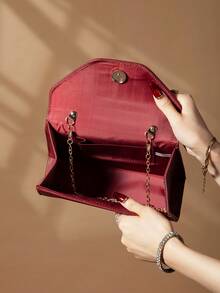 REMANLAND Luxurious Alluring Solid Color PU Party Clutch, Glamorous Refined Flap Women's Evening Bag With Detachable Metal Chain Shoulder Strap, Hidden Card Slots Suitable For Party, Dance, Banquet, Gathering, Wedding And Other Occasions - Burgundy - View 7