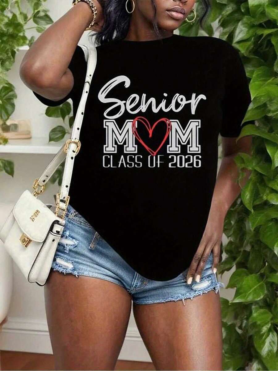 Plus Size - Plus Size - 1 Women's And Mother's Black T-Shirt With Heart Print | Casual Crew Neck, Lightweight 180g, Slightly Stretchy Fabric, Geometric Pattern, Ideal For Mother's Day, Graduation, And Year-Round Comfort - 黑色 - 查看 1