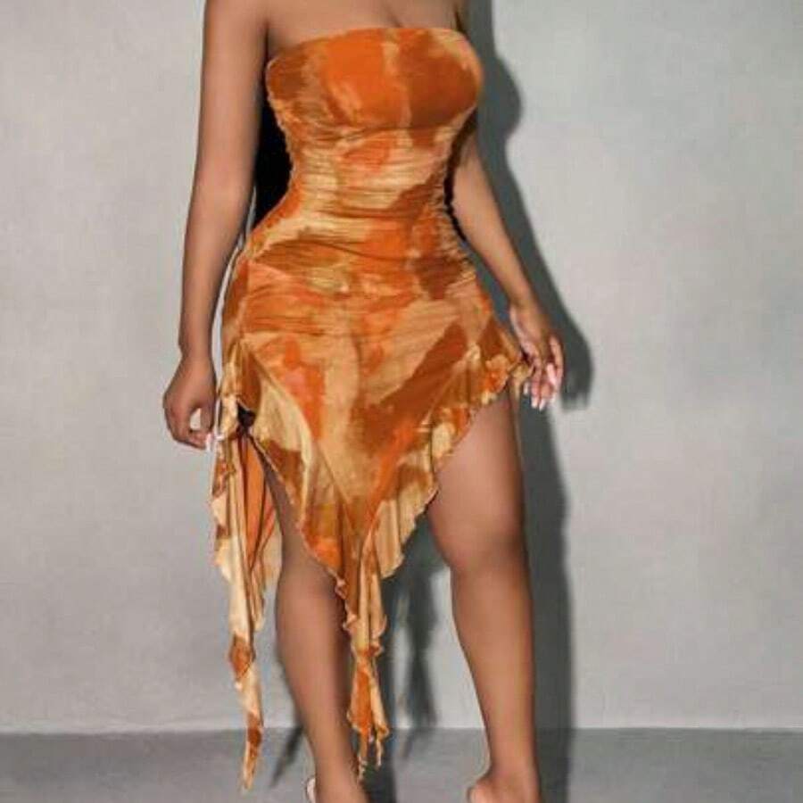 Beach;Summer Strapless Tie-Dye Dress With Romantic Ruffle Hem - Amarillo - Ver 1