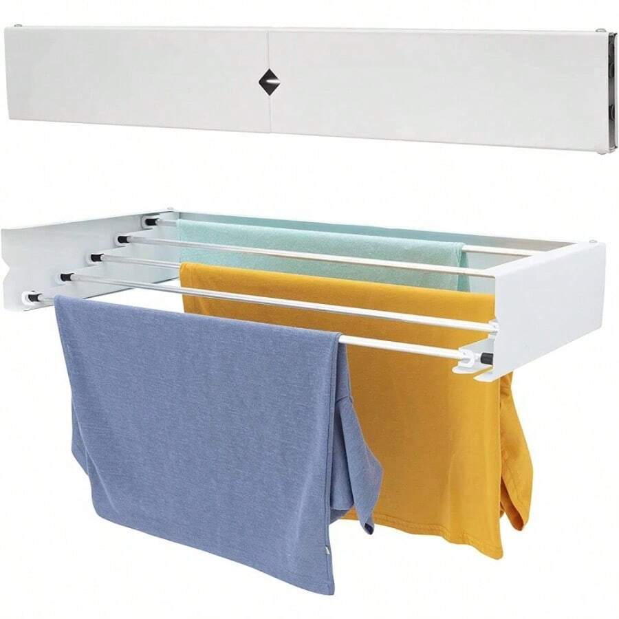 Wall Mounted Clothes Drying Rack |  Retractable Laundry Clothes Airer | Collapsible Folding Washing Line Clothes Dryer, Indoor & Outdoor - White (Plain) - View 1