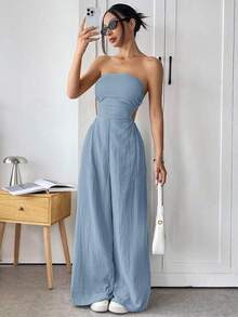 Mono de pierna ancha informal de mujer de talla grande, de algodón, con tirantes finos y espalda descubierta, para verano - Azul - Ver 1