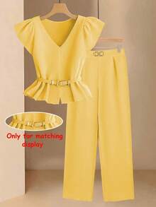 Conjunto informal de mujer con blusa de cuello en V plisada y pantalones de pierna ancha de unicolor - Amarillo - Ver 9