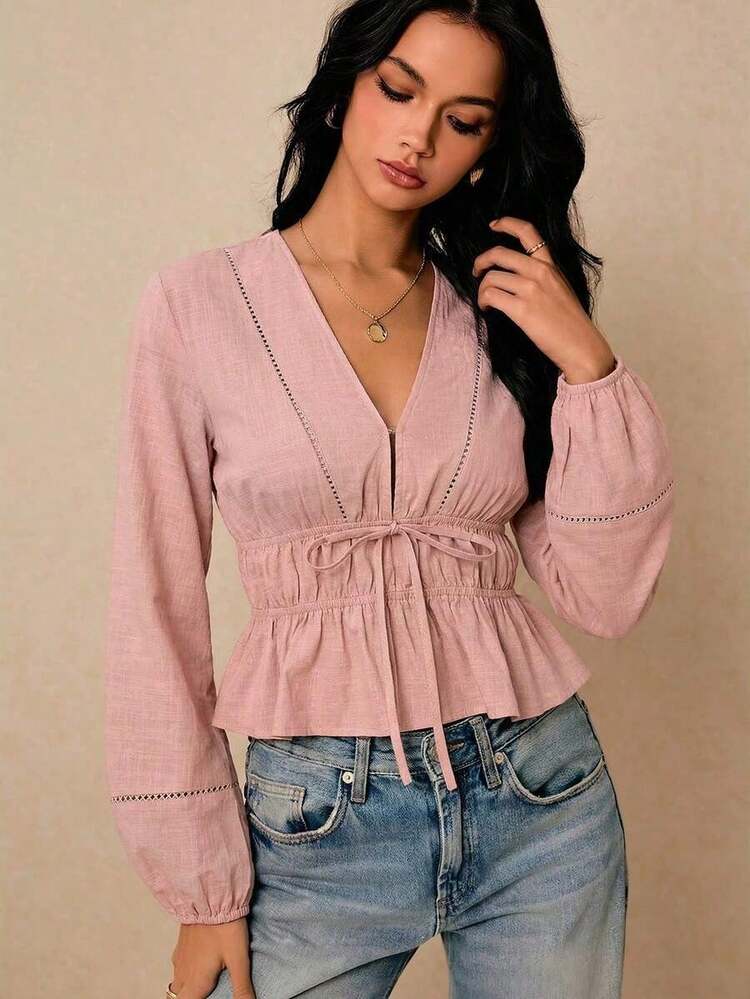 Blusa de manga larga con cuello en V profundo y lazo al frente, elegante para oficina, de unicolor - Rosa vieja - Añade 6