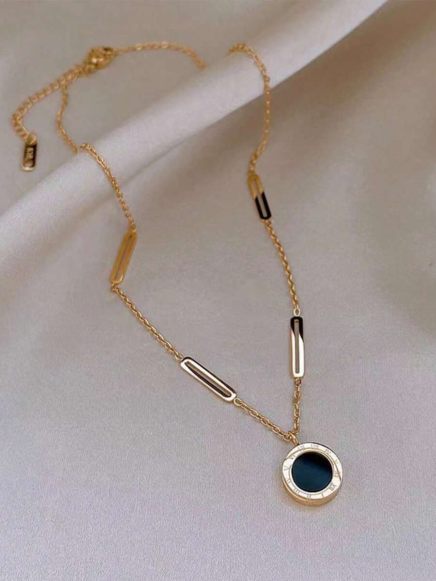 VJS 1 chiếc dây chuyền mặt dây chuyền số La Mã hai mặt bằng thép không gỉ mạ vàng, phong cách tối giản, thích hợp đeo hàng ngày cho nữ. - Nhiều màu - Xem 1