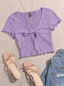 Camiseta tejida con nudo delantero ribete en forma de lechuga - Púrpura malva - Ver 6