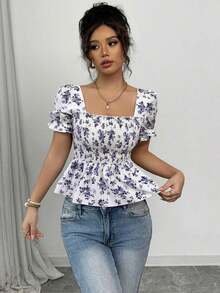 Blusa de mujer con estampado floral diminuto, mangas abullonadas y dobladillo con volantes - Púrpura malva - Ver 5
