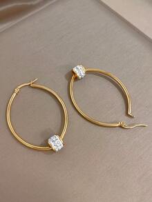 1Pair Large Hoop Earrings For Women Rhinestone Golden Hoop Earrings Stainless Steel Earrings For Mother Day Valentine Party Vacation Festival Jewelry Gifts - Multicolor - View 7