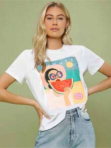 Camiseta estampada con diseño, top casual de manga corta y cuello redondo, camiseta de moda casual para mujer de primavera-verano, transpirable y cómoda. - Blanco - Ver 1