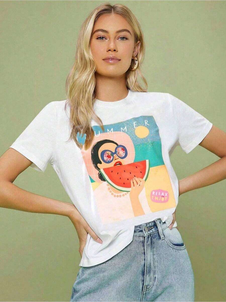Camiseta estampada con diseño, top casual de manga corta y cuello redondo, camiseta de moda casual para mujer de primavera-verano, transpirable y cómoda. - Blanco - Ver 1