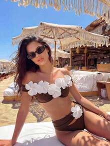 Bonvoyette Conjunto de 2 piezas de bikini de verano elegante y inalámbrico para mujeres, con diseño floral 3D, para fiestas navideñas, al aire libre, en la playa, en la piscina o en Año Nuevo - Multicolor - Ver 2