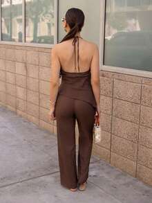 Conjunto de top de cuello de halter y pantalones de aspecto de lino vintage para viajeros - Marrón - Ver 2
