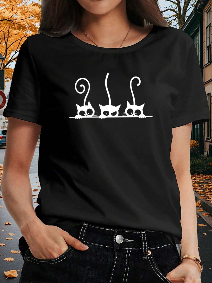 Women's T-Shirt With Three Cats Print - Solid Color, Cute Print, Round Neck, Simple Short Sleeve, Pet Lover T-Shirt, Casual Summer Basic T-Shirt, Fashionable Loose Fit, Comfortable To Wear, Medium Elasticity, Machine Washable. - 黑色 - 查看 1