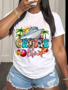 1 Piece Of Women's T-Shirt 100% Cotton With Tropical Palm Tree And Cruise Ship Print, Round Neck, Ideal For Summer Ocean Getaways And Beach Adventures, 180g 100% Cotton. - 白色 - 查看 12