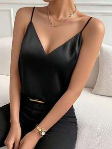 1 pieza Ropa de mujer de verano, blusa de satén de unicolor elegante y de moda sin mangas y con espalda descubierta, adecuada para el verano, citas por la noche, la oficina, vacaciones y uso casual diario - Negro - Ver 5