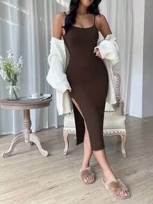 Vestido de espalda abierta de muslo con abertura - Marrón Chocolate - Ver 1