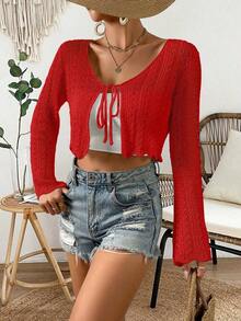 Cárdigan de punto calado de color liso casual para vacaciones - Rojo - Ver 3
