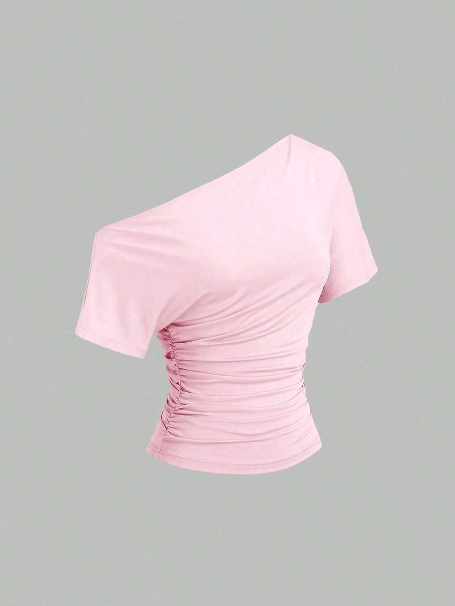 Nueva camiseta casual de primavera/verano para mujer, de estilo elegante y chic de la calle, con hombro asimétrico, ajuste delgado, deportiva, versátil y cómoda - Rosa - Ver 1