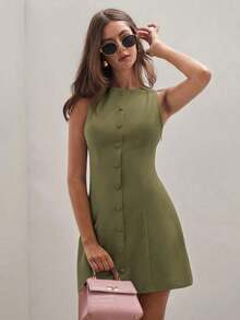 Vestido casual de verano de mujer de mini longitud, de un solo botón, cuello redondo y sin mangas, de unicolor - Verde militar - Ver 1