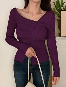 Blusa casual de mujer de punto acanalado con botones y manga corta - Morado Violeta - Ver 6