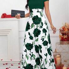 Lunessa Women Round Neck Short Sleeve Floral Print Elegant Charming Fashion Dress Burgundy Maxi Women Outfit - Rosa Pálido - Ver 6