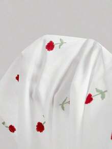 Vestido de longitud media con cintura fruncida y bordado floral para mujer - Rojo y blanco - Ver 9