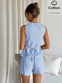 Conjunto de chaleco y pantalones cortos de rayas con botones delanteros para mujer, casual/para ir al trabajo - Azul y blanco - Ver 5