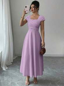 Vestido elegante de manga raglán y cuello cuadrado con detalle cruzado en el busto, de unicolor para mujeres - Púrpura malva - Ver 7