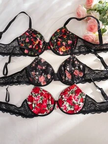 3件装女士印花蕾丝拼接钢圈舒适大码文胸 - 彩色 - 查看 4